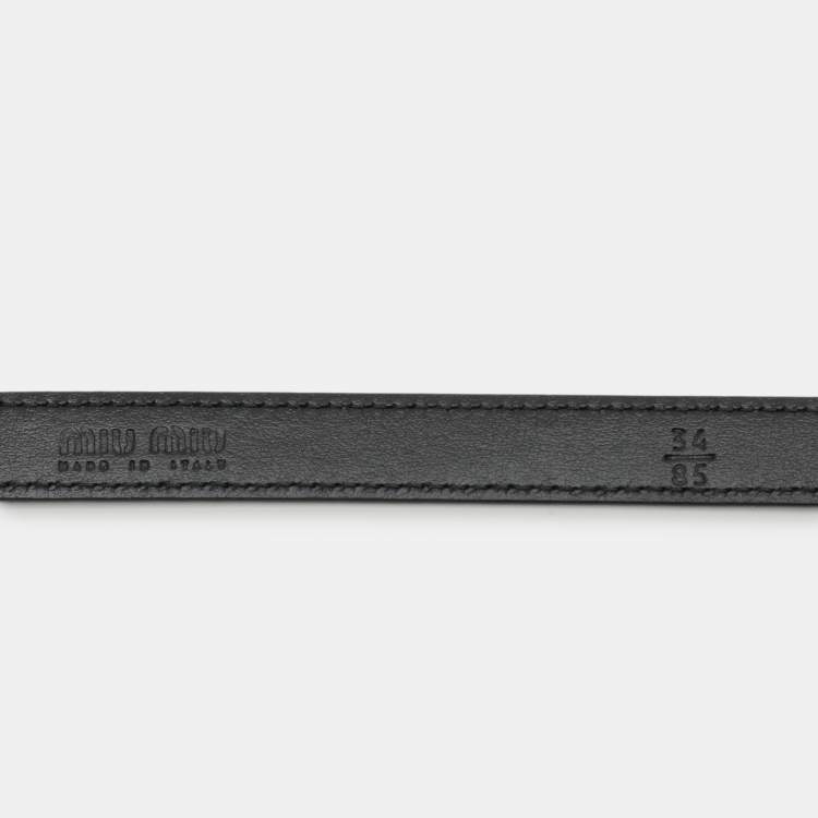 Pre Owned Miu Miu Black Leather Logo Chain Link Waist Belt 85CM