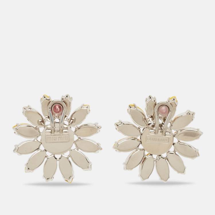 Pre Owned Miu Miu Composite Crystals Silver Tone Clip-On Earrings 