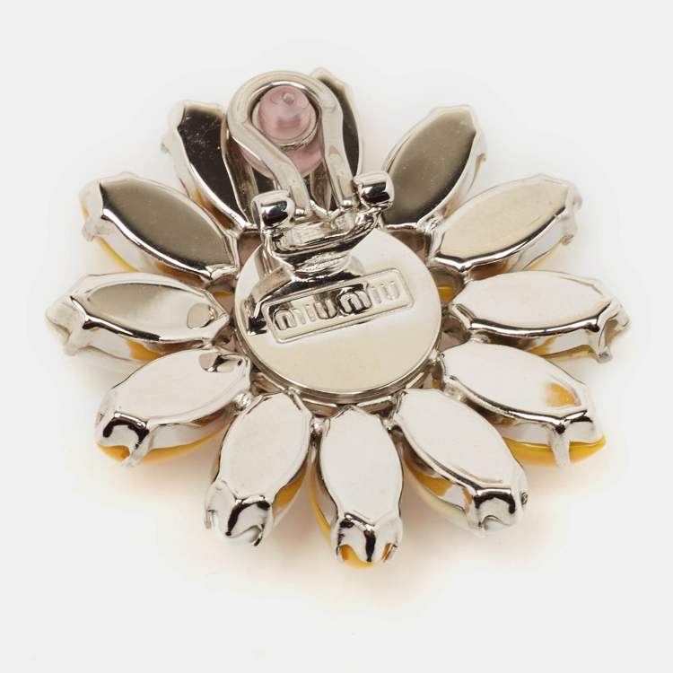 Pre Owned Miu Miu Composite Crystals Silver Tone Clip-On Earrings 