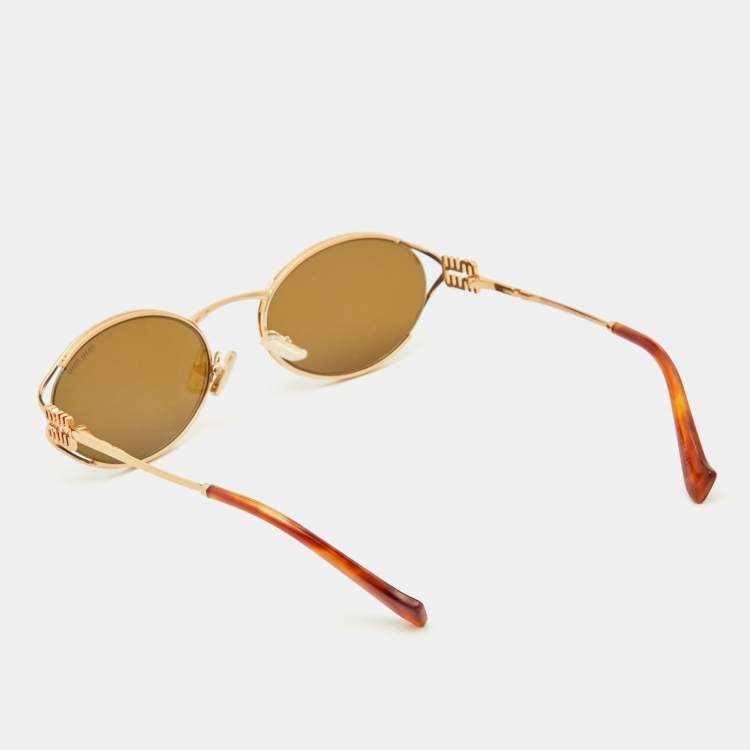 Pre Owned Miu Miu Gold Tone/Brown SMU52Y Logo Oval Sunglasses
