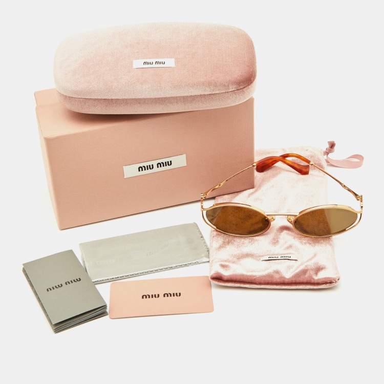 Pre Owned Miu Miu Gold Tone/Brown SMU52Y Logo Oval Sunglasses