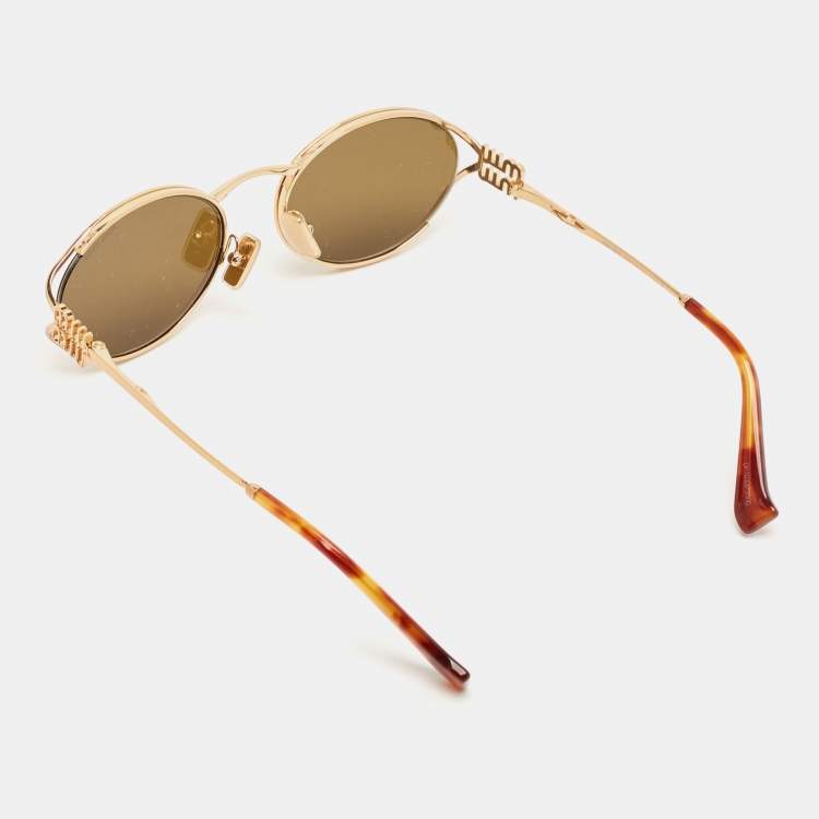 Pre Owned Miu Miu Gold/Brown SMU52Y Oval Sunglasses