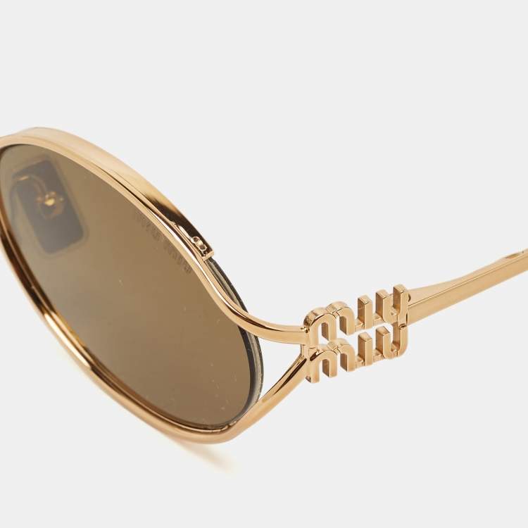 Pre Owned Miu Miu Gold/Brown SMU52Y Oval Sunglasses