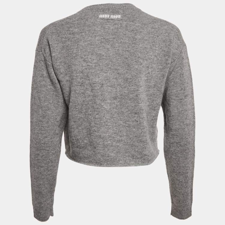 Pre Owned Miu Miu Grey Wool Knit V-Neck Crop Sweater S