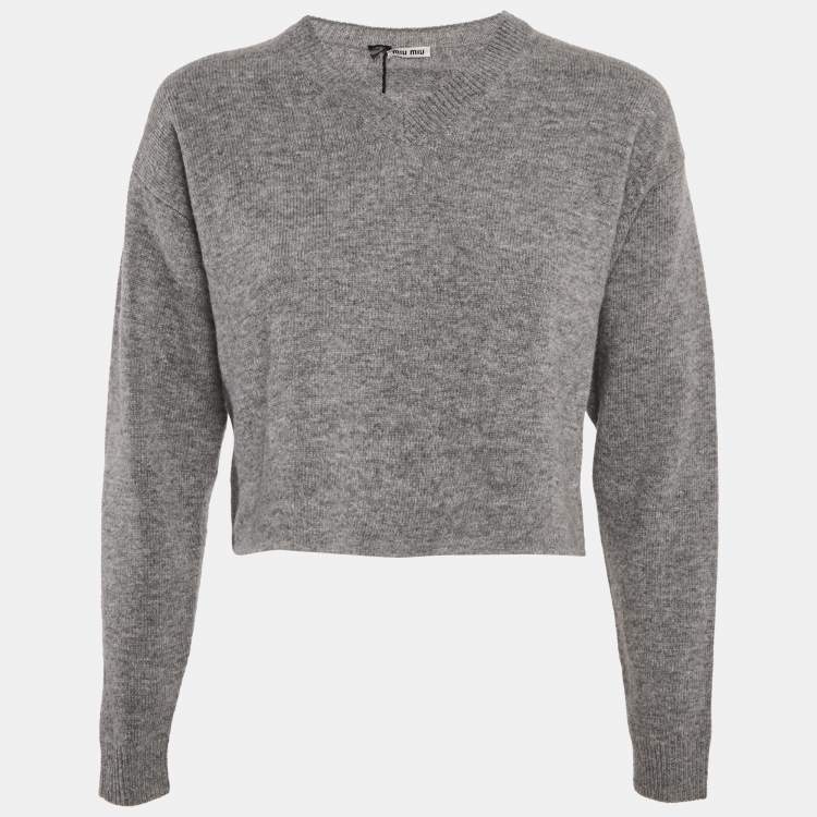 Pre Owned Miu Miu Grey Wool Knit V-Neck Crop Sweater S