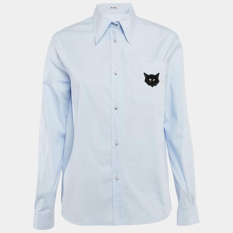 Pre Owned Miu Miu Blue Stretch Poplin Cat Applique Button Front Shirt S