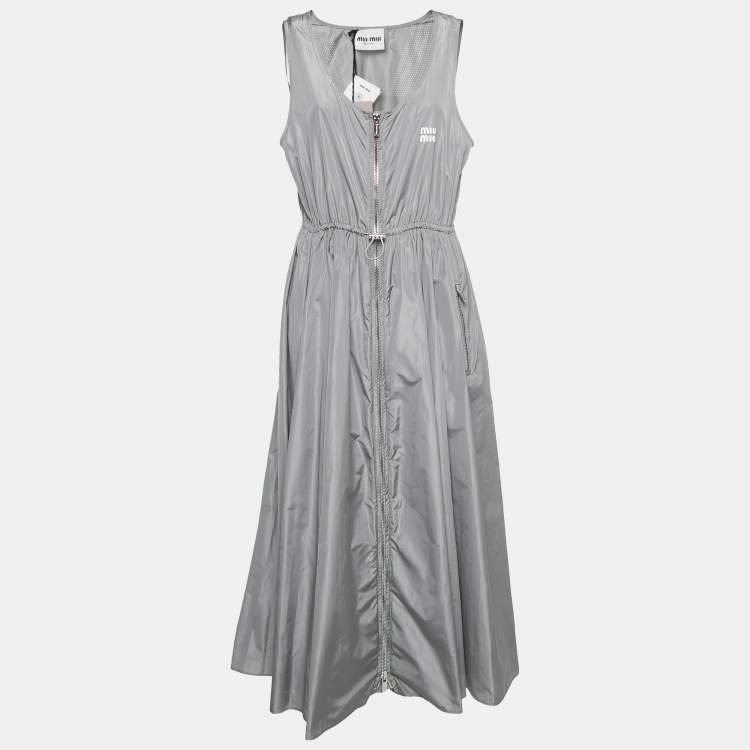 Pre Owned Miu Miu Grey Synthetic Zip-Up Sleeveless Midi Dress M