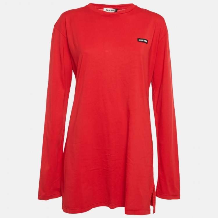 Pre Owned Miu Miu Red Logo Patch Jersey Long T-Shirt L