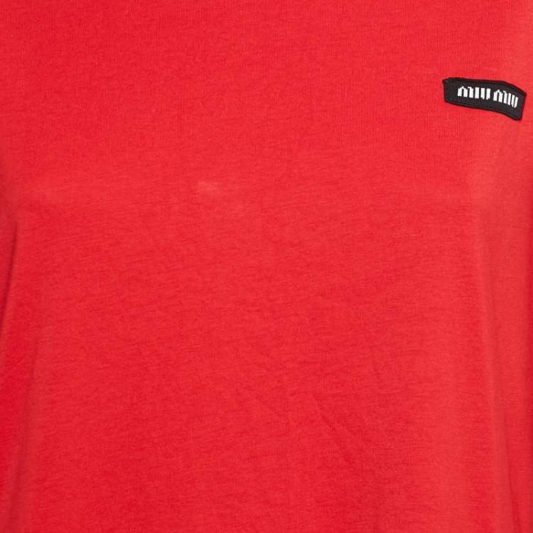 Pre Owned Miu Miu Red Logo Patch Jersey Long T-Shirt L