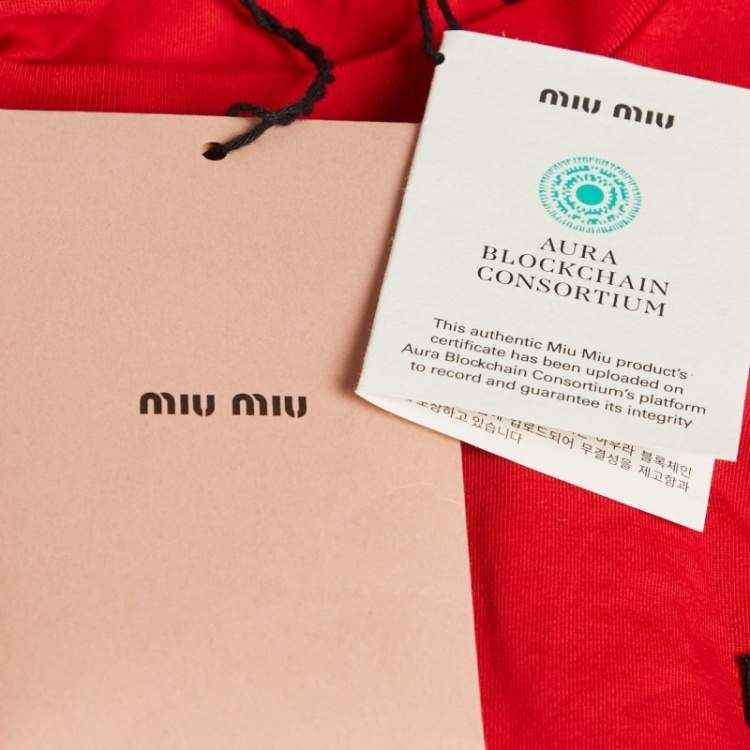 Pre Owned Miu Miu Red Logo Patch Jersey Long T-Shirt L