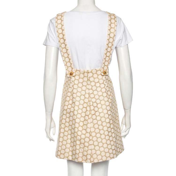 Pre Owned Miu Miu Cream Patterned Cotton Dungaree Mini Dress M 