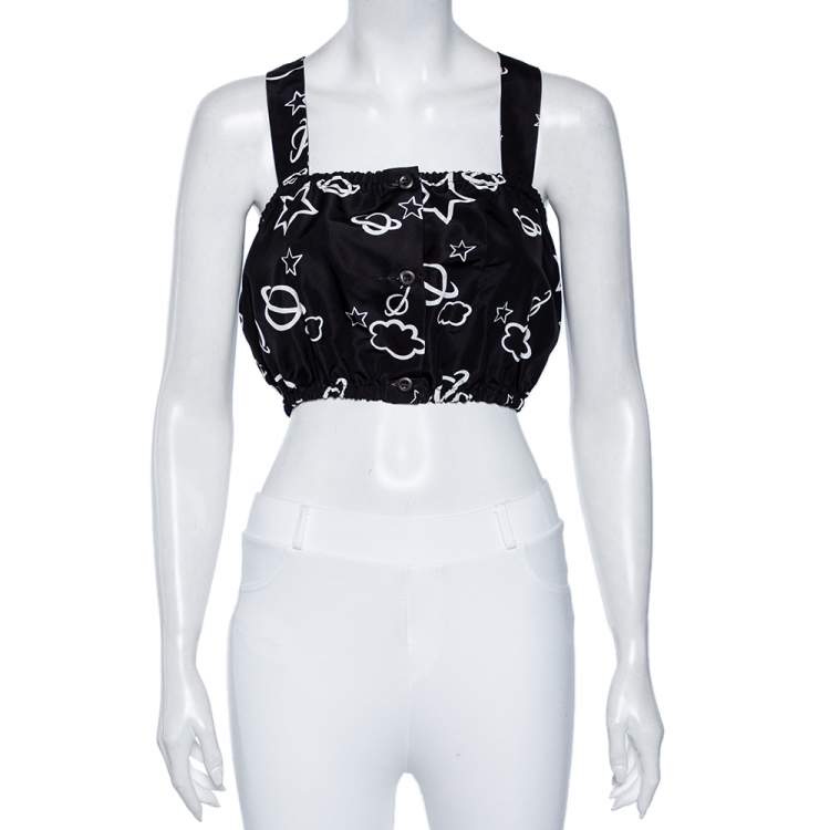 مملوكة مسبقًا Miu Miu Black Galaxy Printed Silk Button Front Sleeveless Crop Top S