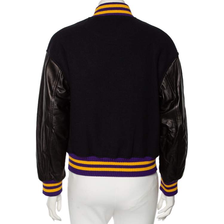Pre Owned Miu Miu Black Wool & Leather Paneled Fox & Roy Appliqued Varsity Jacket XS