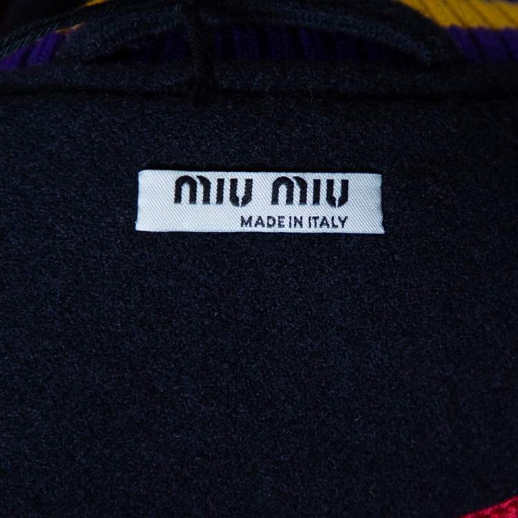 Pre Owned Miu Miu Black Wool & Leather Paneled Fox & Roy Appliqued Varsity Jacket XS