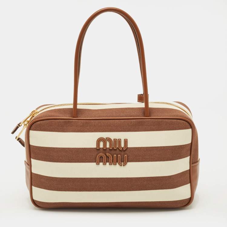 Pre Owned Miu Miu Beau Brown/Off White Stripe Canvas and Leather Satchel