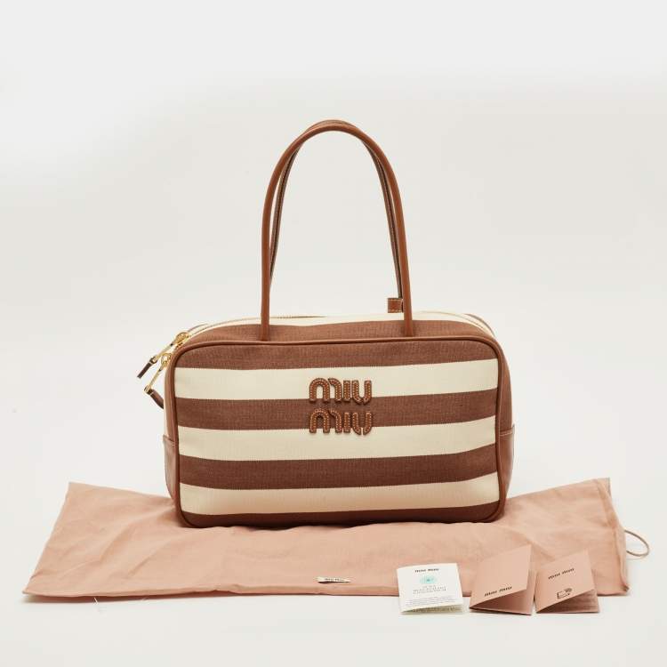 Pre Owned Miu Miu Beau Brown/Off White Stripe Canvas and Leather Satchel