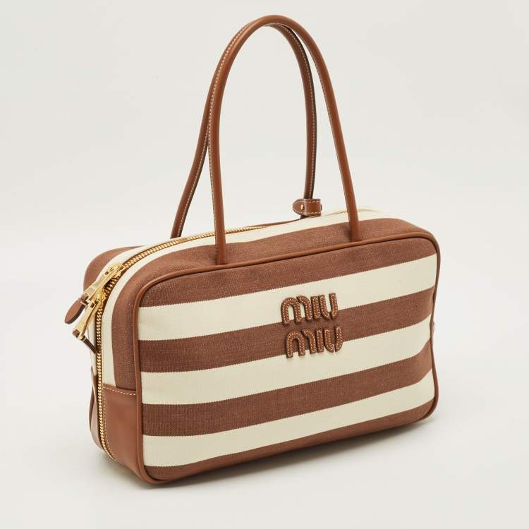 Pre Owned Miu Miu Beau Brown/Off White Stripe Canvas and Leather Satchel