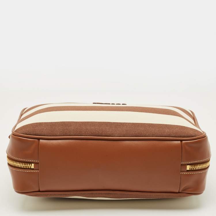 Pre Owned Miu Miu Beau Brown/Off White Stripe Canvas and Leather Satchel