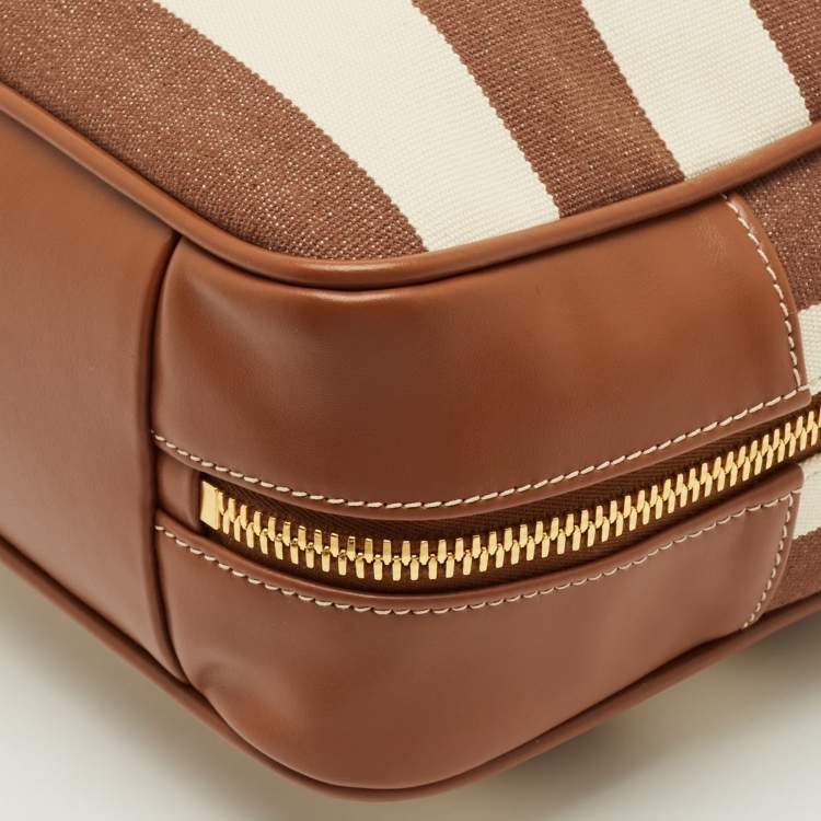 Pre Owned Miu Miu Beau Brown/Off White Stripe Canvas and Leather Satchel