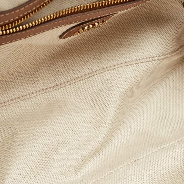 Pre Owned Miu Miu Beau Brown/Off White Stripe Canvas and Leather Satchel