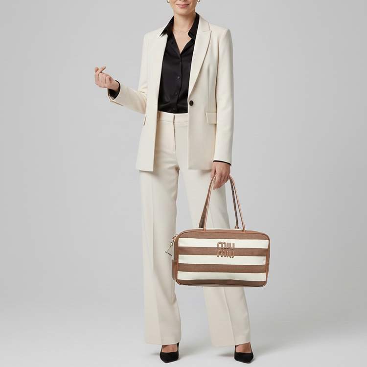 Pre Owned Miu Miu Beau Brown/Off White Stripe Canvas and Leather Satchel