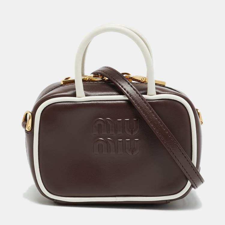 Pre Owned Miu Miu Beau Micro Brown/White Leather Crossbody Bag