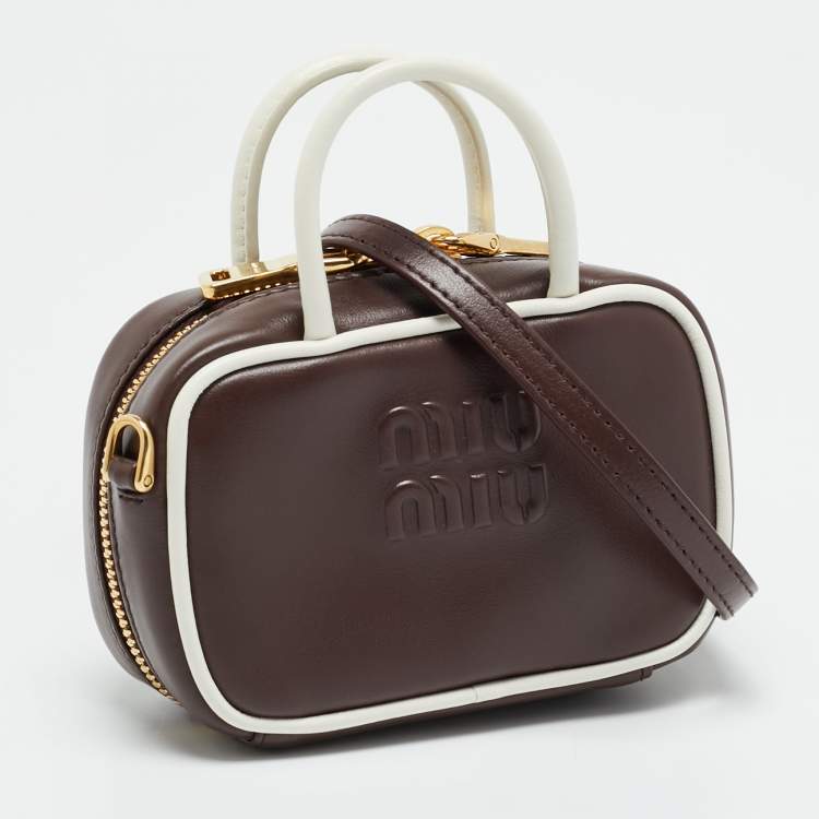 Pre Owned Miu Miu Beau Micro Brown/White Leather Crossbody Bag