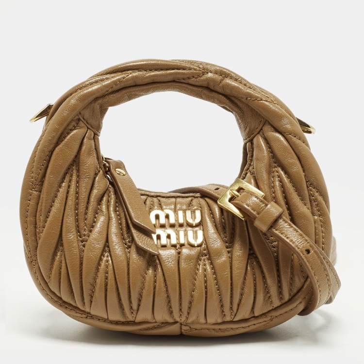 Pre Owned Miu Miu Wander Micro Brown Matelassé Leather Hobo