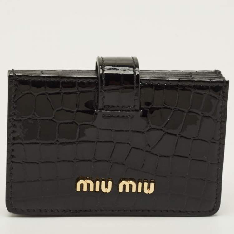 Pre Owned Miu Miu Crystal Embellished Black Croc Embossed Patent Leather Flap Card Holder