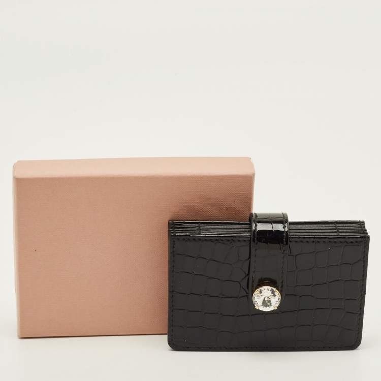 Pre Owned Miu Miu Crystal Embellished Black Croc Embossed Patent Leather Flap Card Holder