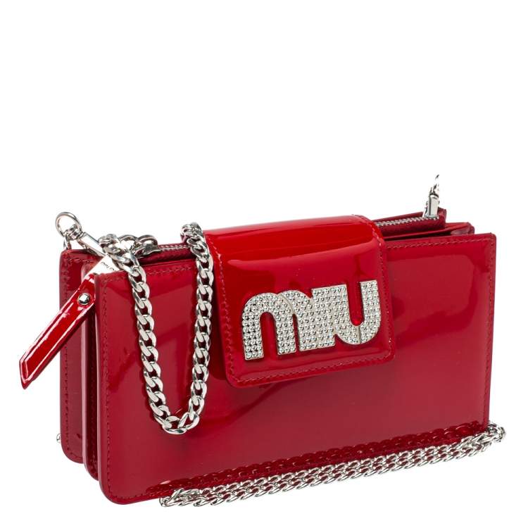 Pre Owned Miu Miu Red Vernice Leather Crystal Embellished Wallet on Chain