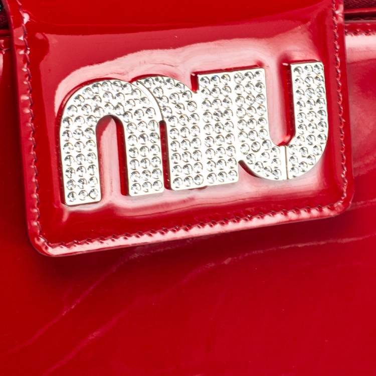 Pre Owned Miu Miu Red Vernice Leather Crystal Embellished Wallet on Chain