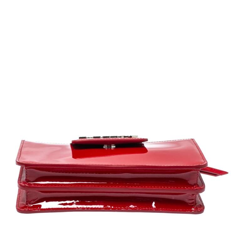 Pre Owned Miu Miu Red Vernice Leather Crystal Embellished Wallet on Chain
