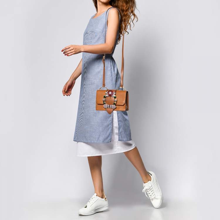 Miu Miu Brown Madras Leather Crystal Embellished Flap
