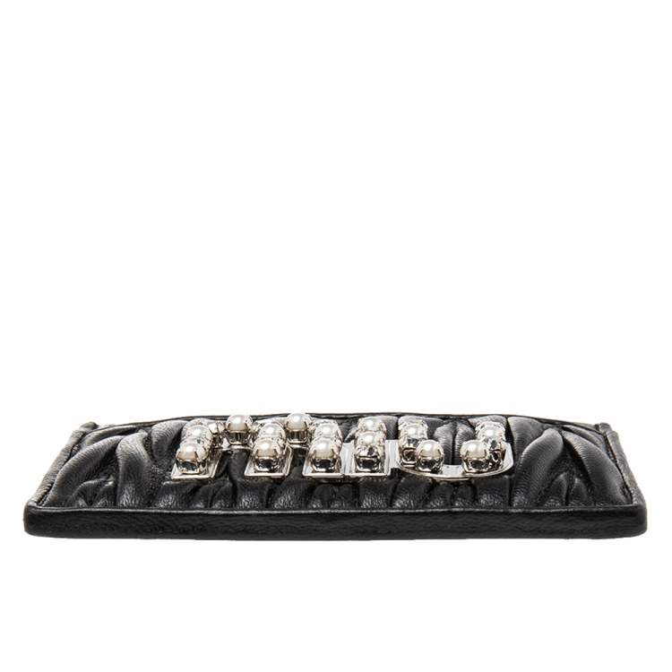 Pre Owned Miu Miu Black Matelassé Leather Crystals and Pearl Embellished Logo Card Holder