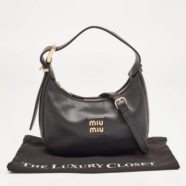 Pre Owned Miu Miu Black Logo Plaque Leather Hobo