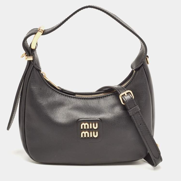 Pre Owned Miu Miu Black Logo Plaque Leather Hobo