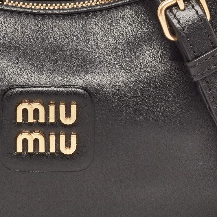 Pre Owned Miu Miu Black Logo Plaque Leather Hobo