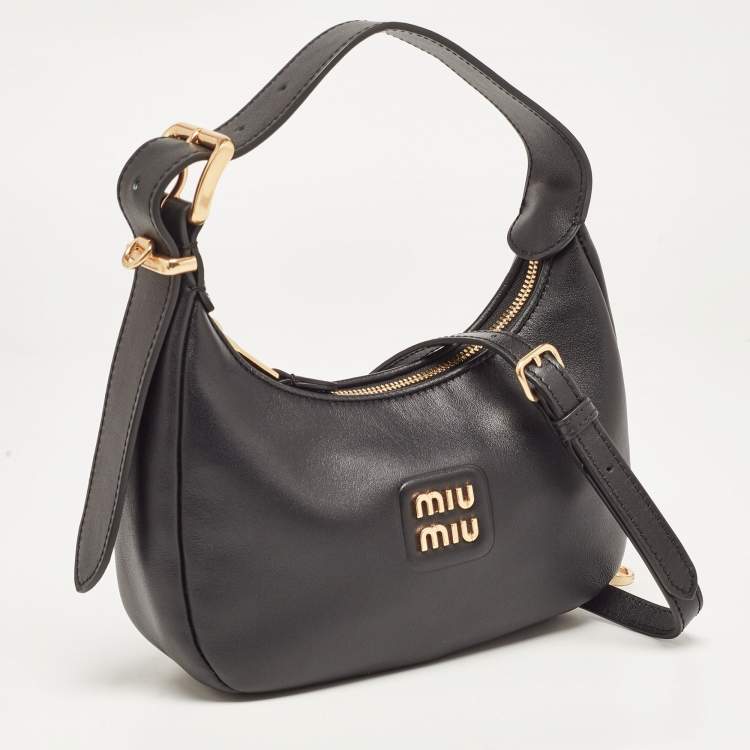 Pre Owned Miu Miu Black Logo Plaque Leather Hobo