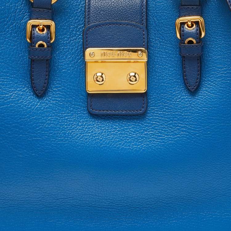 Pre Owned Miu Miu Two Tone Blue Madras Leather Pushlock Tote