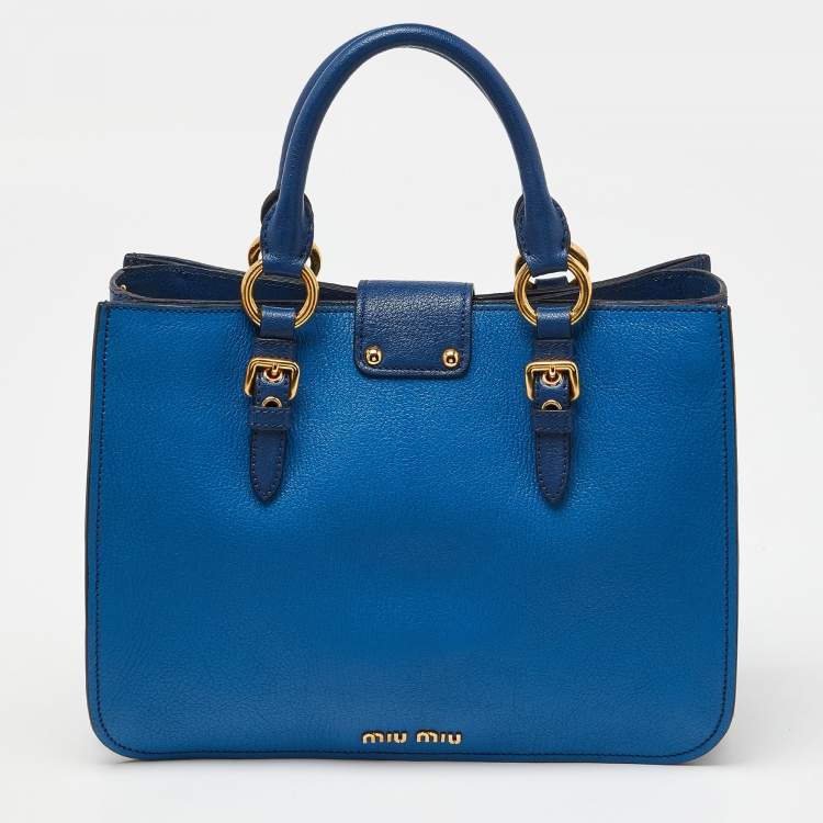 Pre Owned Miu Miu Two Tone Blue Madras Leather Pushlock Tote