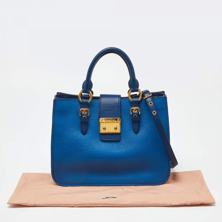 Pre Owned Miu Miu Two Tone Blue Madras Leather Pushlock Tote