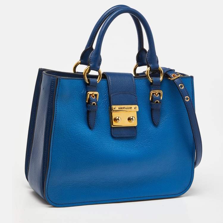 Pre Owned Miu Miu Two Tone Blue Madras Leather Pushlock Tote