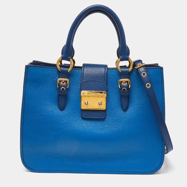 Pre Owned Miu Miu Two Tone Blue Madras Leather Pushlock Tote