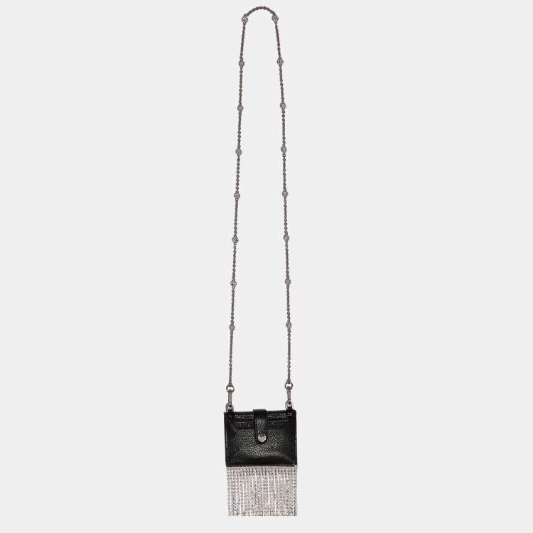 Pre Owned Miu Miu Black Leather Crystals Embellished Chain Card Holder