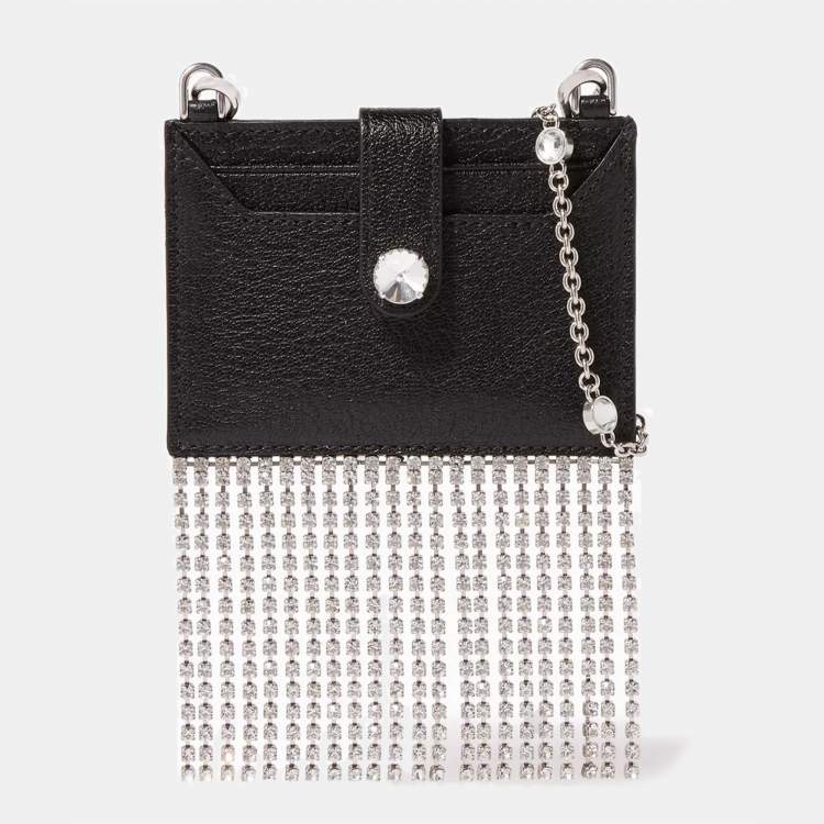 Pre Owned Miu Miu Black Leather Crystals Embellished Chain Card Holder