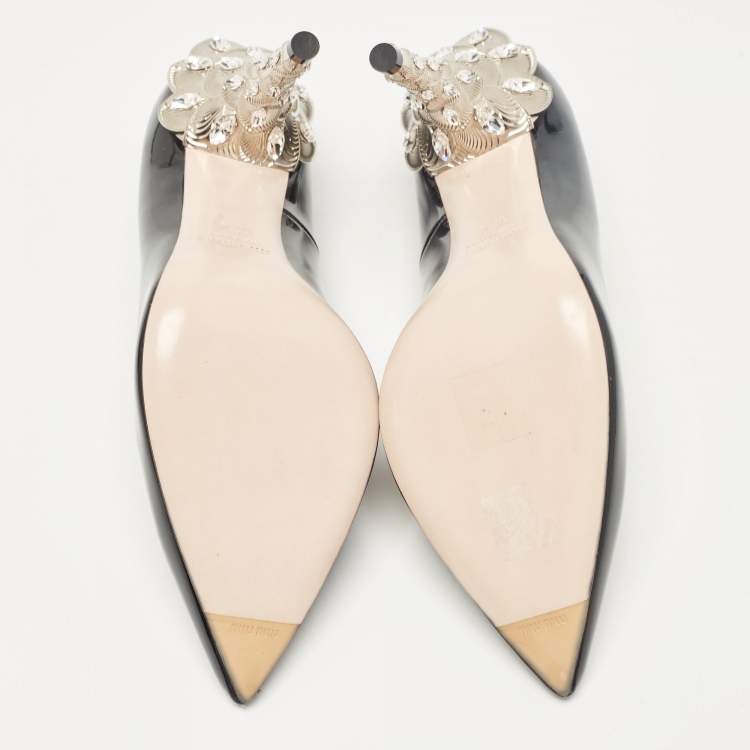 Pre Owned Miu Miu Black Patent Leather Crystal Embellished Heel Pumps Size 37.5