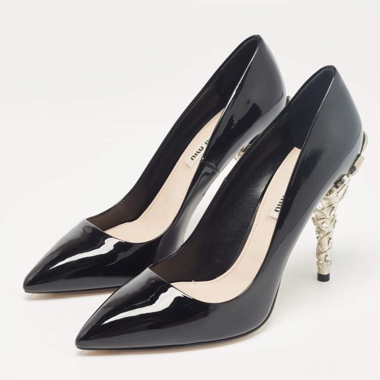 Pre Owned Miu Miu Black Patent Leather Crystal Embellished Heel Pumps Size 37.5