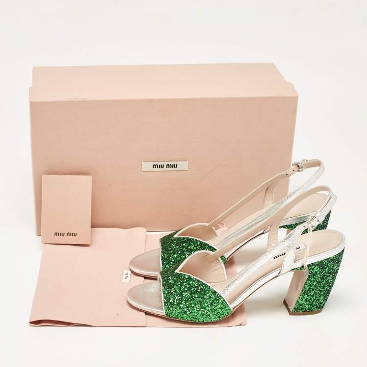 Pre Owned Miu Miu Green Glitter and Leather Ankle Strap Sandals Size 38