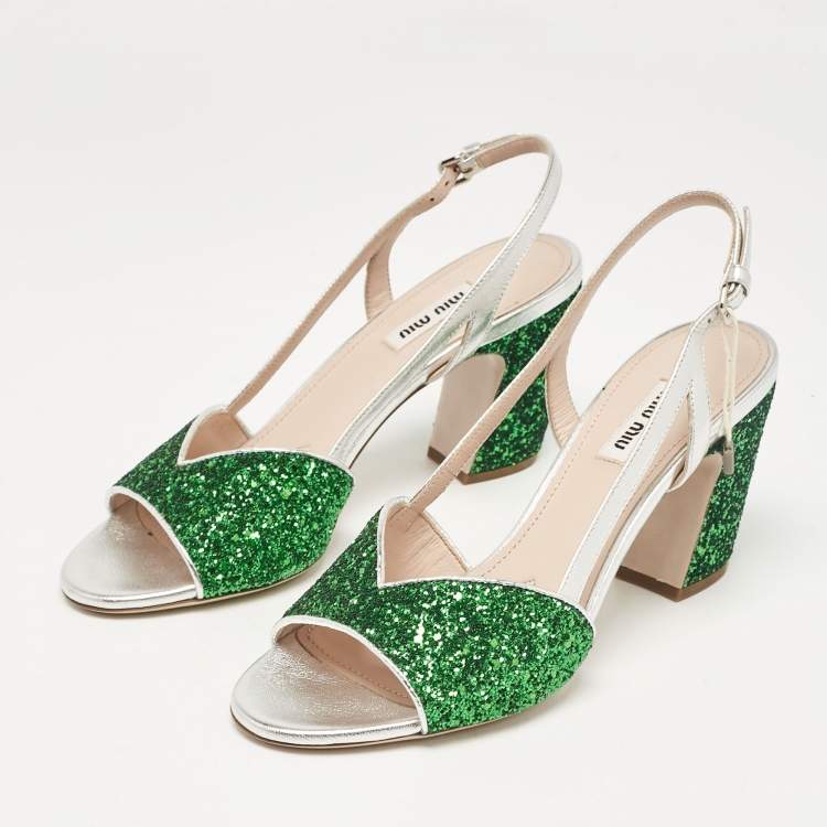 Pre Owned Miu Miu Green Glitter and Leather Ankle Strap Sandals Size 38